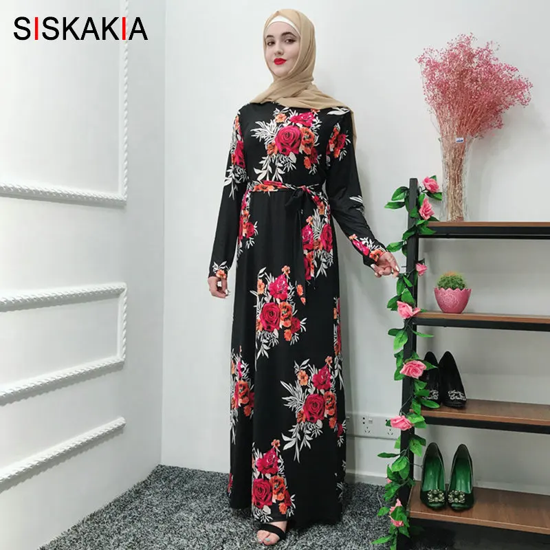 Siskakia الأسود طباعة فستان طويل مسلم الصيف 2019 الحلو عارضة ماكسي فساتين الزهور جولة الرقبة طويلة الأكمام رمضان الملابس الإمارات 