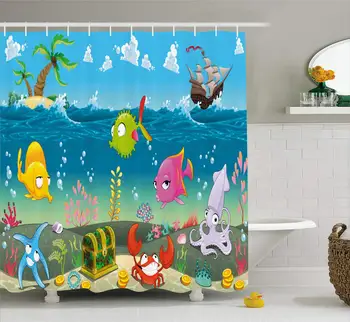 

Animal Shower Curtain Funny Sea Animals Underwater Ocean View Sail Boat Palm Trees Cartoon Artwork Cloth Bathroom Set