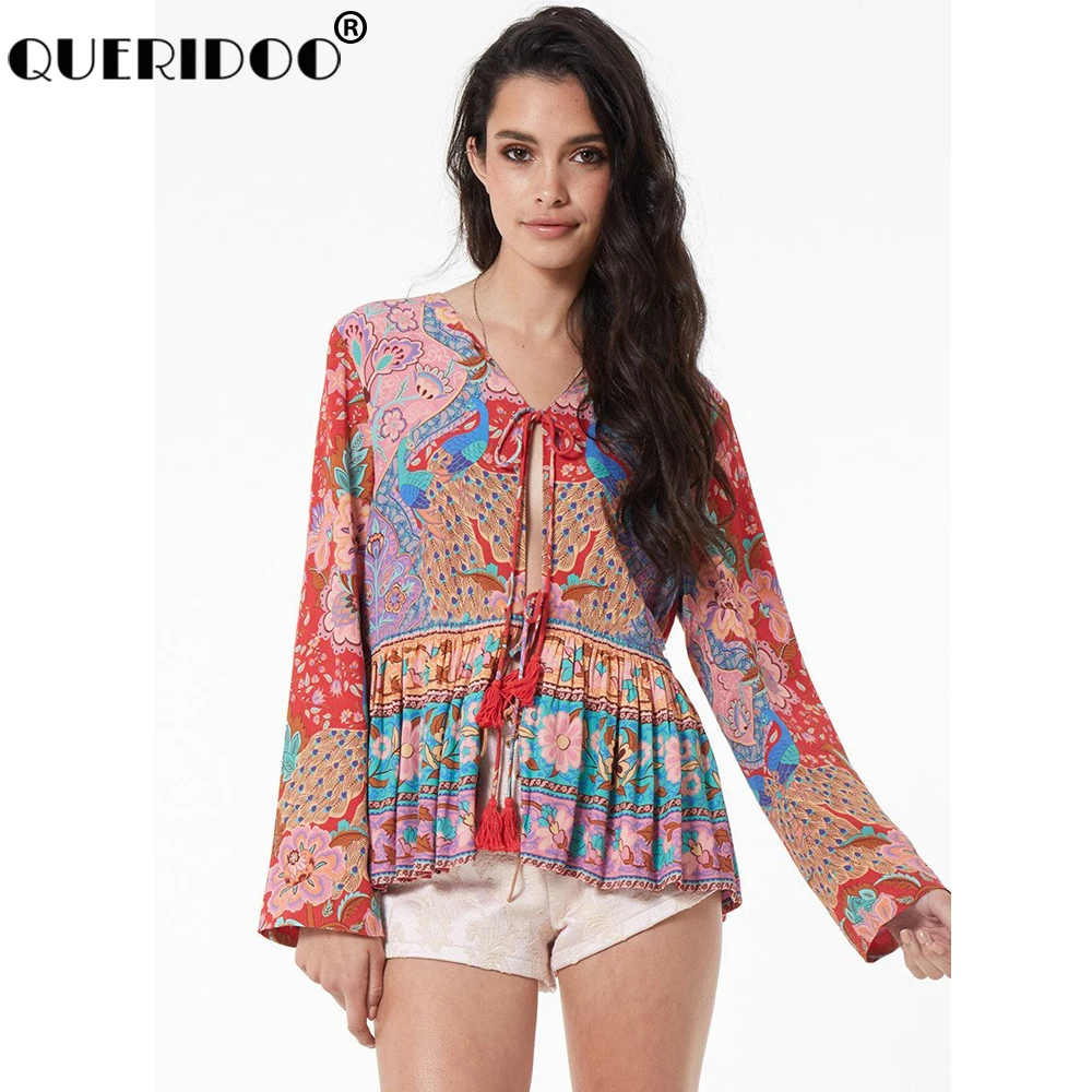 QUERIDOO Women Lotus Jacket Boho Jacket Long Sleeve Bohemian Pattern V