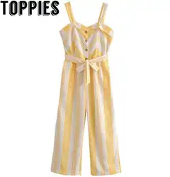 Toppies для женщин Лето 2018 г. желтый полосатый комбинезоны для широкие брюки свободные боди с поясом и пуговицы