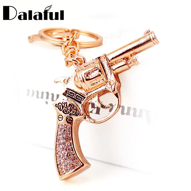 Dalaful Unique Crystal Revolver Magnum Gun Key Holder Chains Rings For