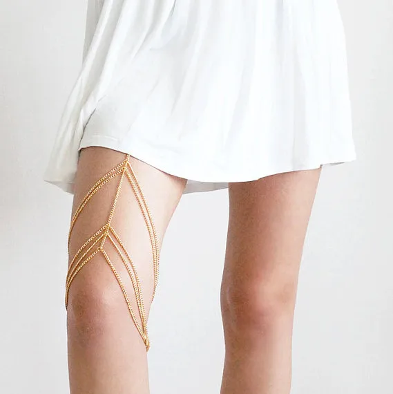 Sexy Women Gold Color Stretchy 3 Tier Layers Leg Bracelet Thigh Body