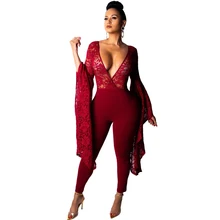 spring sexy jumpsuit big trumpet sleeves lace jumpsuit round neck elastic waist jumpsuit burgundy open back elastic waist jumpsuit