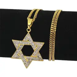 Звезда Давида хип-хоп горный хрусталь ожерелье еврейский символ кулон звезды кулон и ожерелье для хип-хоп ювелирные изделия дропшиппинг