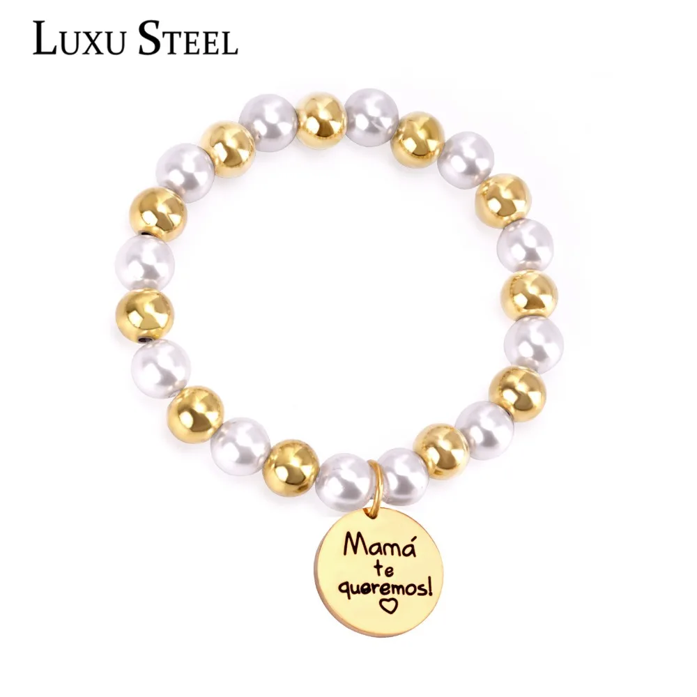 

LUXUSTEEL Statement Jewelry Birthday Gift For Mother Gold/Silver Color Ball And Imitation Pearl Round Pendants Beaded Bracelets