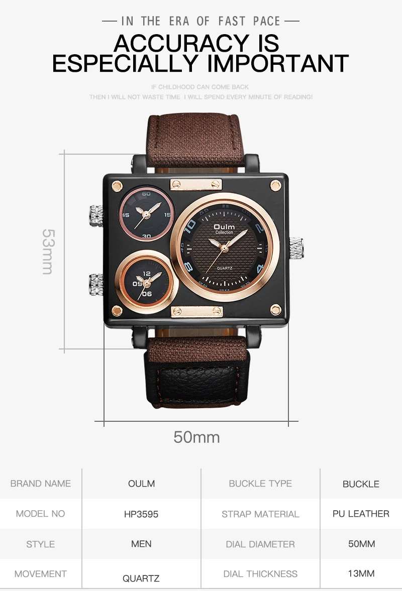 OULM Unique Fashion Quarzt Watch Men Military Sports Oversize 3 Time Zones Rectangle Wrist Watches