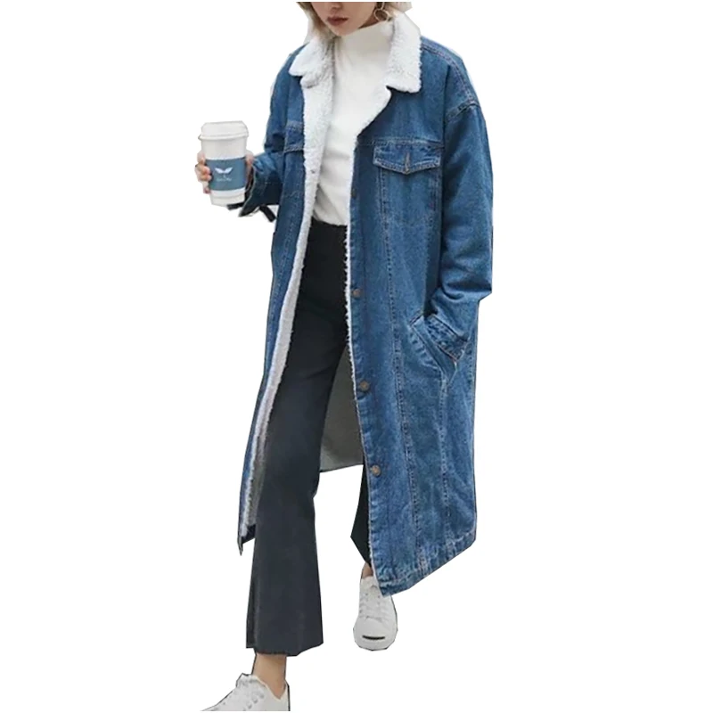 Women Jean Trench Coat 2017 New Denim Long Coats Thicken Straight Full