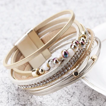 

ALLYES Multilayer Leather Bracelet Female pulseira feminina Magnet Clap Boho Crystal Beads Wide Bracelets for Women Jewelry