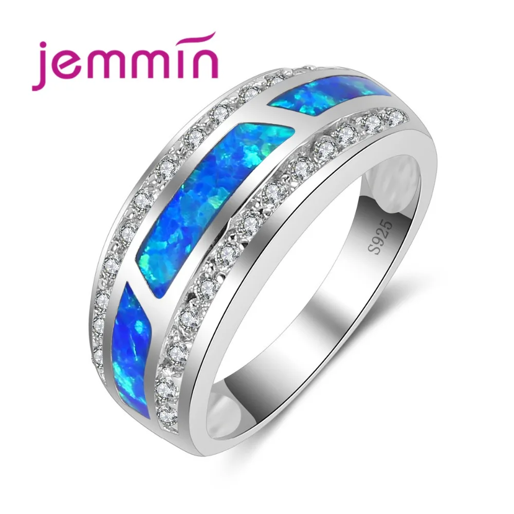 

Simple Style Charming Jewelry Ring Blue Fire Opal with White Crystal Rings for Women Wedding Party Accessory