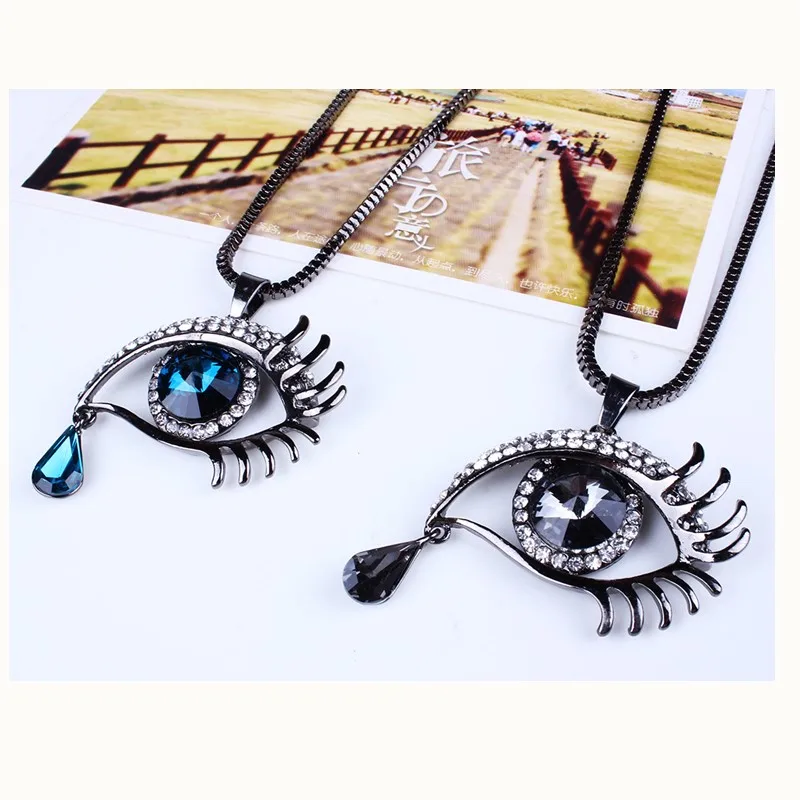 Trendy Crystal Eye Pendente Necklace For Women Gems Blue Eyes Eyelash Tears Women Necklace