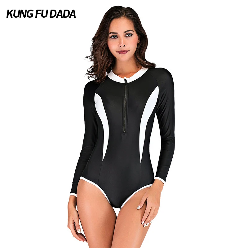 

KFDD New Arrival Women One-Piece Front Zip Black Bathing Suit Women Quick Dry Monokini Sexy Slim Bathing Suit Pathwork Swimwear