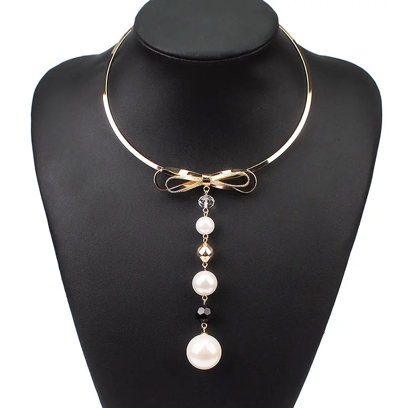 Ожерелье-чокер из сплава с искусственным жемчугом, очаровательные длинные подвески с бантом для женщин, ювелирные изделия UKMOC