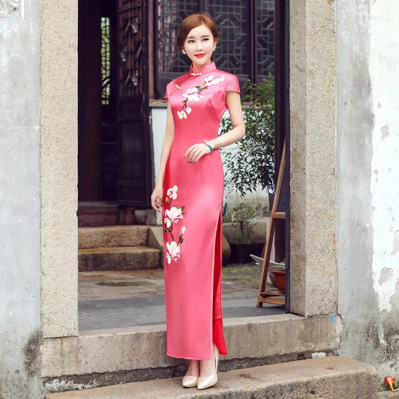 Китайские традиционные платья Повседневное платье Чонсам длинное Новая Винтажная Женская Роба в восточном стиле вышитое платье-чанпао шелк элегантный Qi Pao
