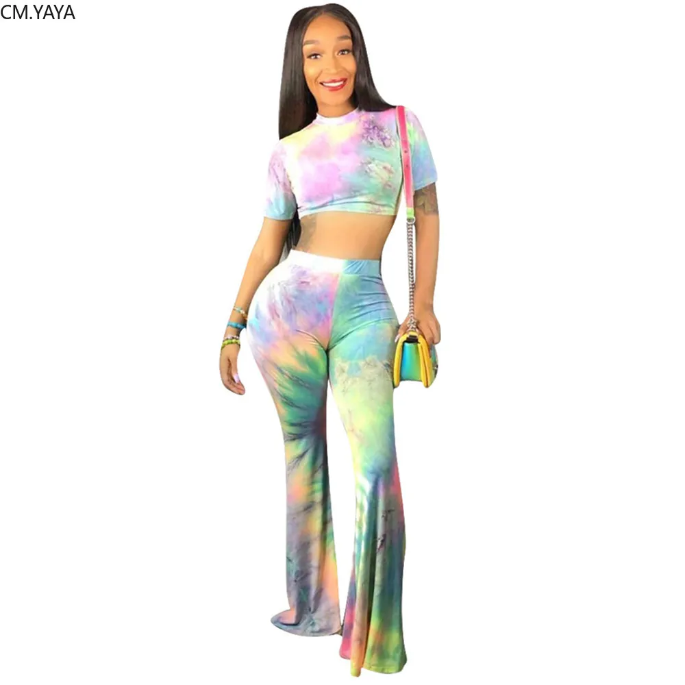 

2019 women summer tie dye galaxy print short t-shirt top wide leg pants suit sexy sporty two piece set tracksuit outfit GLW8207