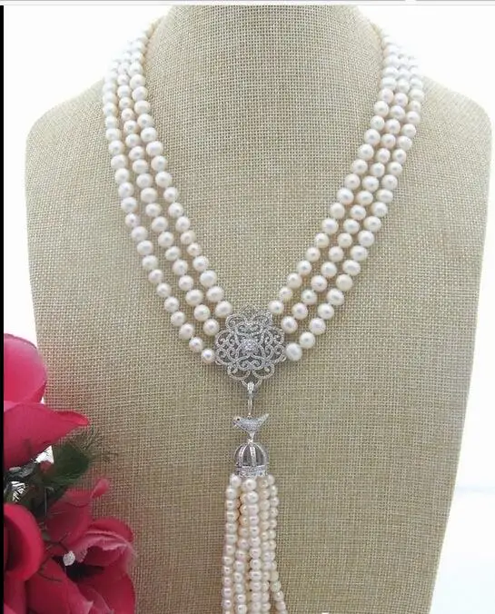 

3 row White Pearl Rhinestone Pendant Necklace
