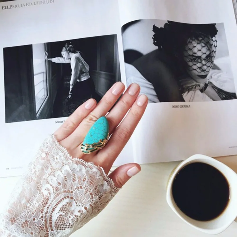 

eManco Wholesaler Natural Stone Big Ring Ethnic Vintage Geometric Statement Large Rings Gifts for Women Brand Jewelry