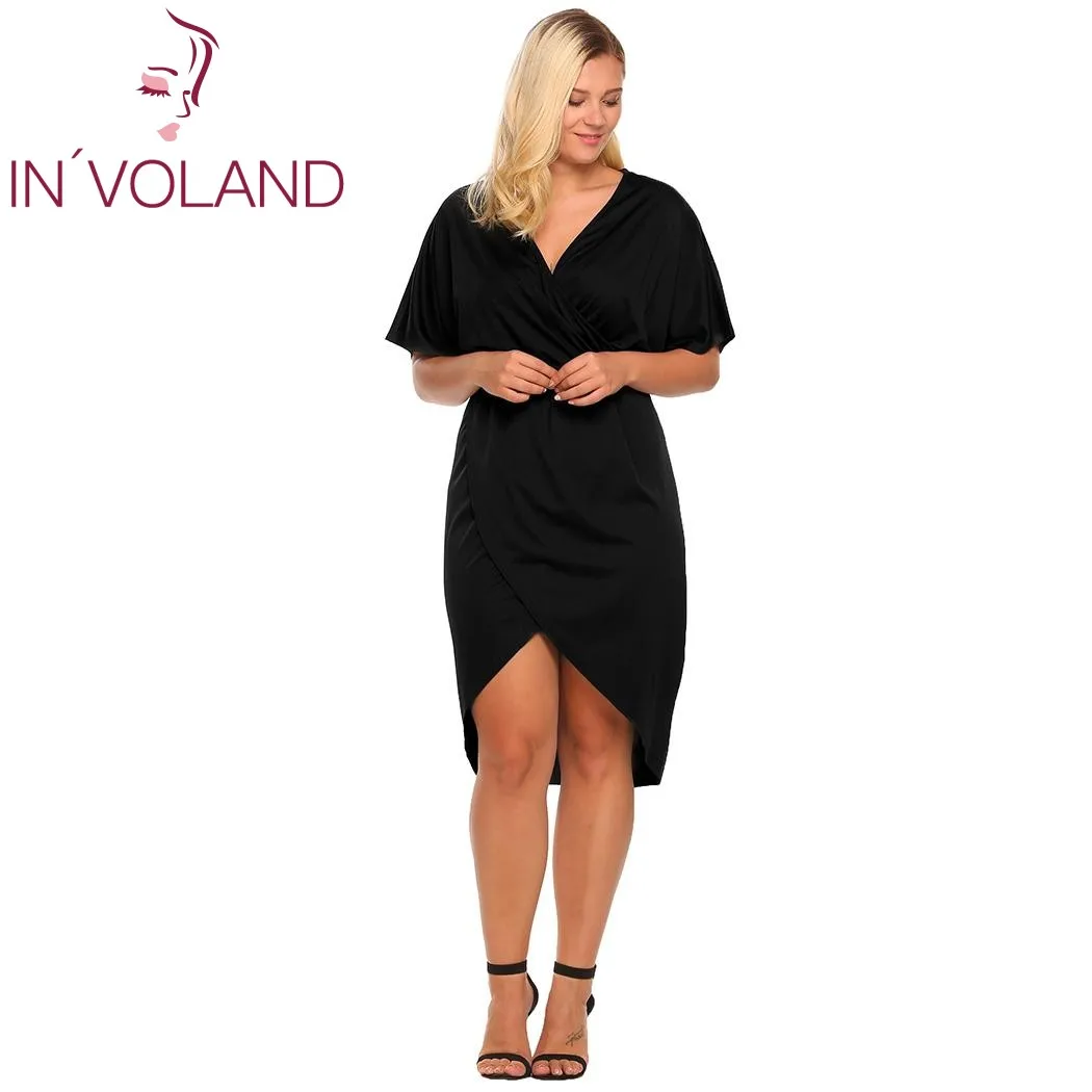 IN'VOLAND, винтажное женское платье, плюс размер, XL-5XL, элегантное, рукав "летучая мышь", одноцветное, с разрезом спереди, тонкие, вечерние, с искусственным запахом, платья, больше размера d