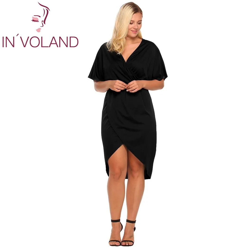 

IN'VOLAND Vintage Dress Women Plus Size XL-5XL Elegant Batwing Sleeve Solid Split Front Slim Party Faux Wrap Dresses Oversized
