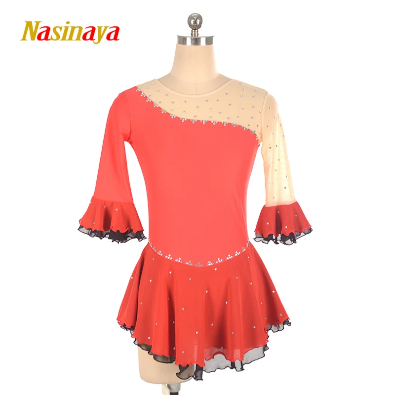 

customized ice figure skating dress rhythmic gymnastics adult child girl show skirt competition black rhinestone red long sleeve
