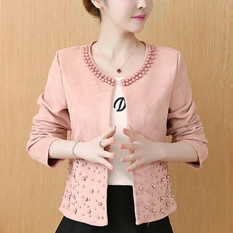 

chaquetas mujer 2019 long sleeve autumn jacket women clothes plus size 4XL pink elegant beading outwear women jacket coat A295