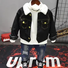 Зимняя детская одежда джинсовая куртка для маленьких мальчиков+ плюшевая футболка+ плисовые джинсы спортивный костюм из 3 предметов комплект одежды для маленьких мальчиков, детская одежда