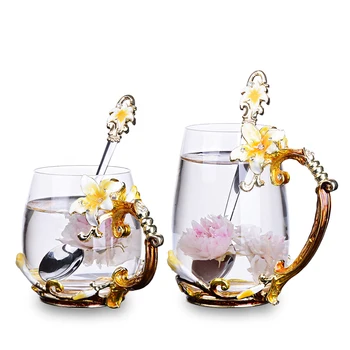 

Enamel Glass Cup Pink/Yellow Lily Flower Handgrip Style Coffee Tea Heat-Resistant Water Drinkware Lovers