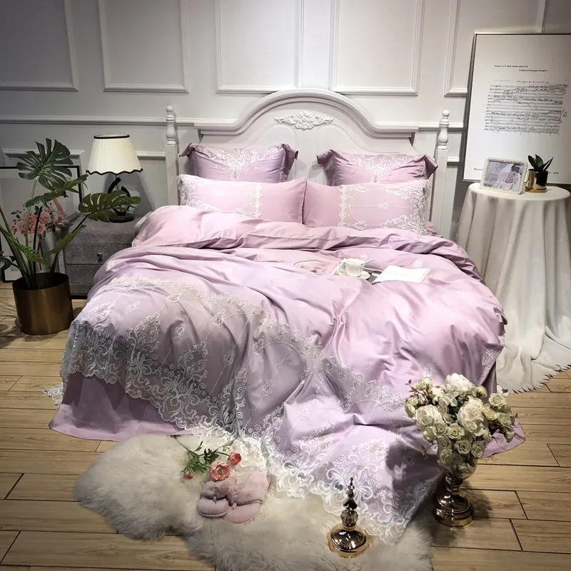 Big Offer Noble 80s Egyptian Cotton Embroidered Bedding Sets Queen King Luxury White Lace Duvet Cover Princess Bed Sheet Set Purple 4 6pcs March 2021