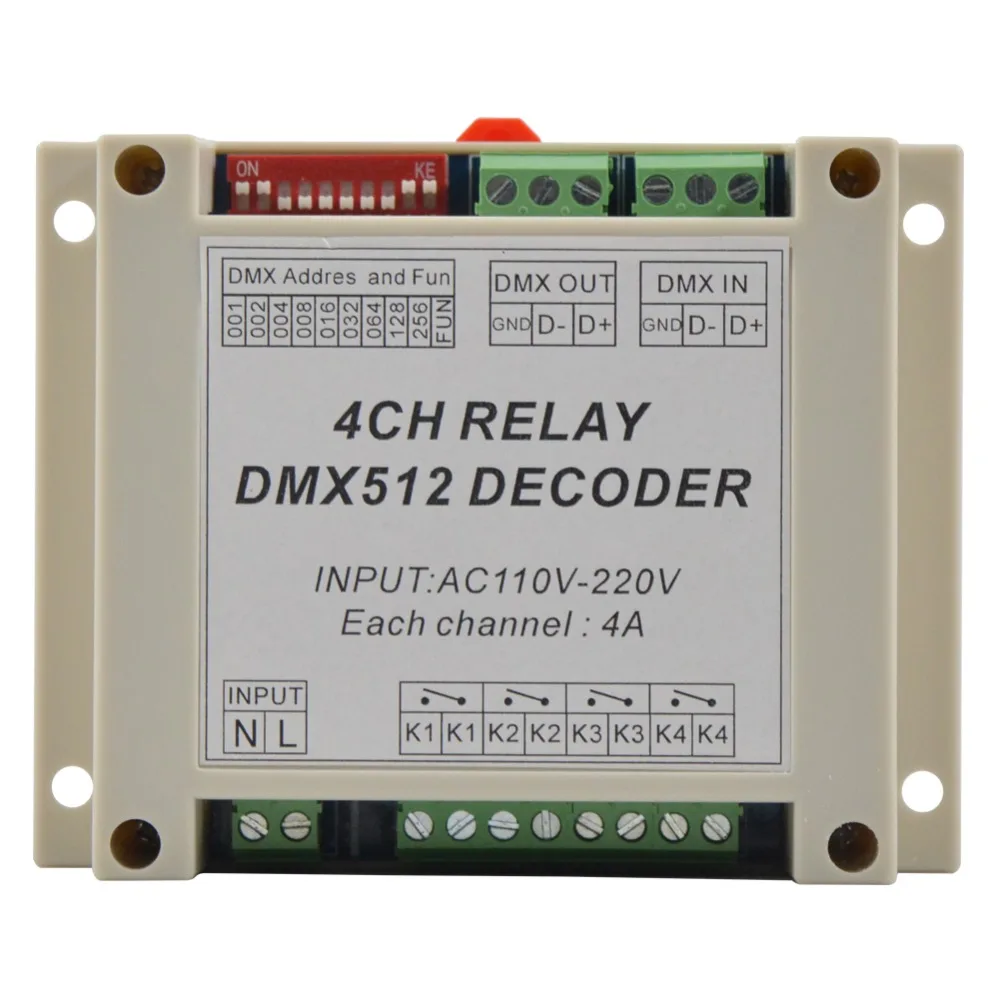 4CH dmx512 релейный контроллер выход AC110-220V вход пластиковый корпус с направляющей |