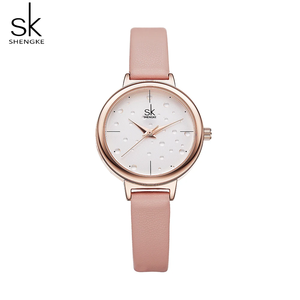 Shengke модные простые кожаные женские часы Дамская мода повседневная одежда кварцевые часы женский подарок Montre Femme Reloj Mujer - Цвет: pink