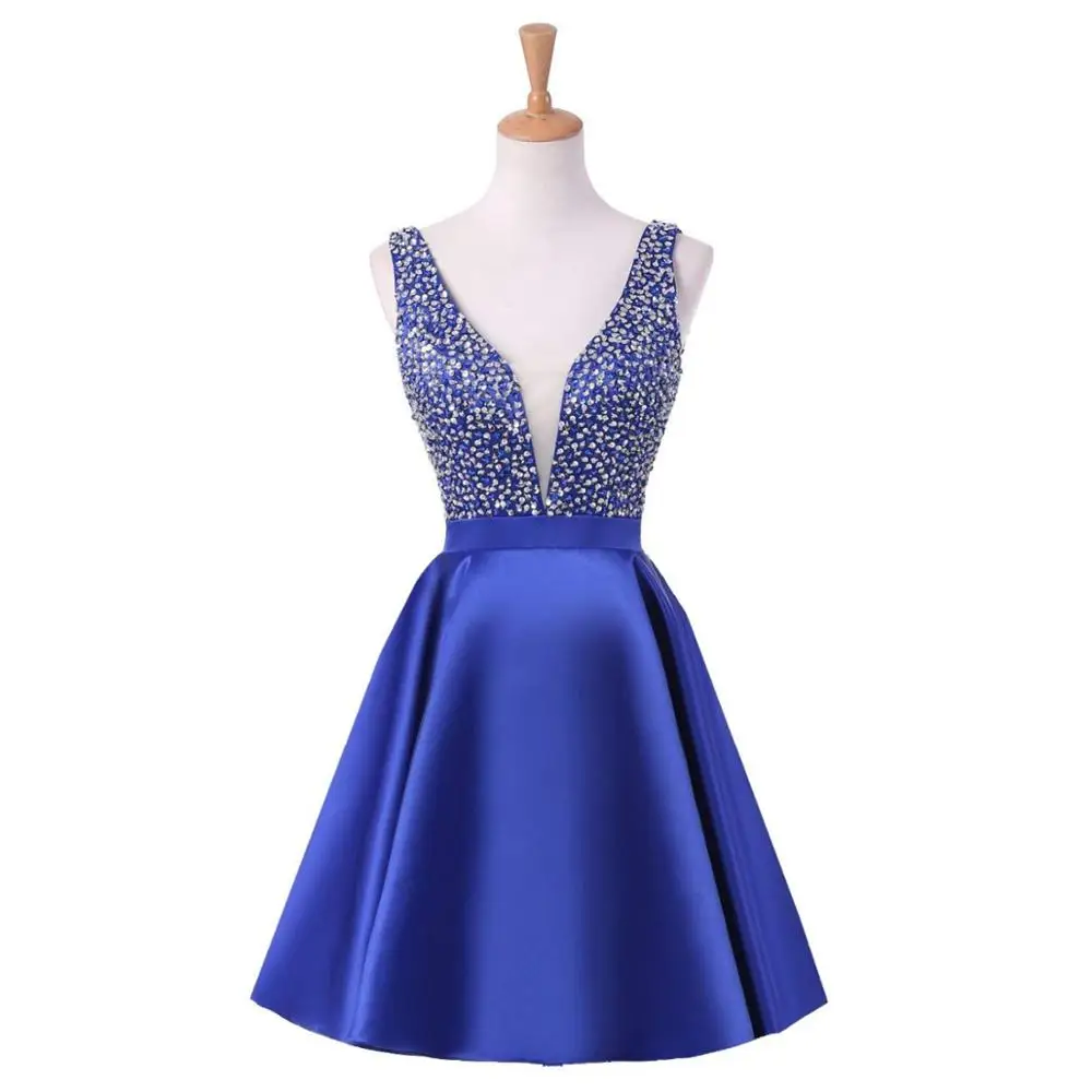 JaneVini бисером Короткие бальные платья королевский синий атласная Выпускной торжественное платье с v-образным вырезом Вечерние Платье vestido de graduacion - Цвет: Royal Blue