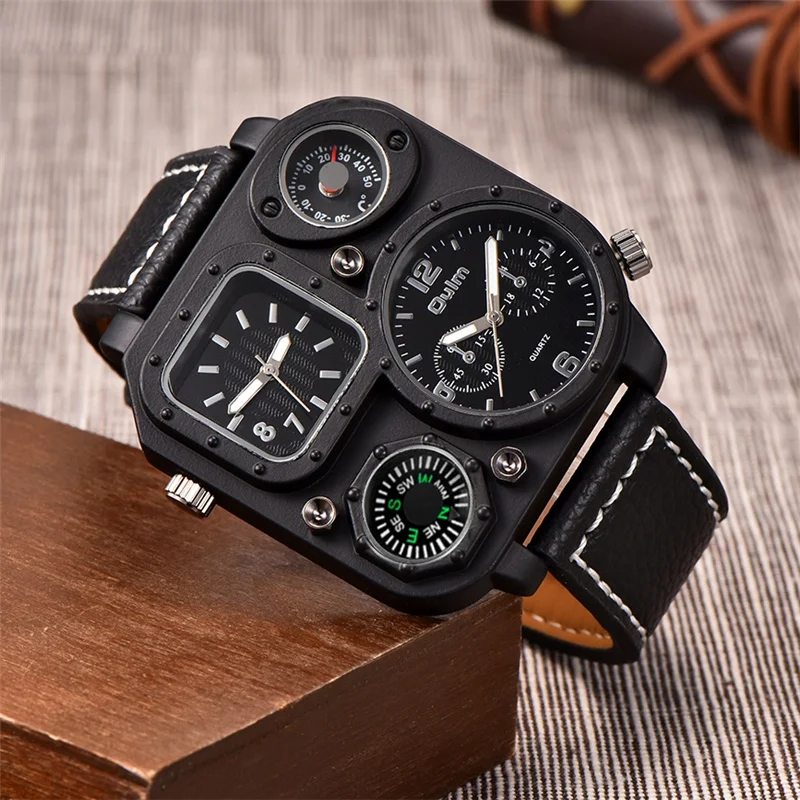 Oulm 1169 Square Men's Watches Two Time Zone Watch Outdoor Sports Men Decorative Compass Unique Male Wristwatch Hours