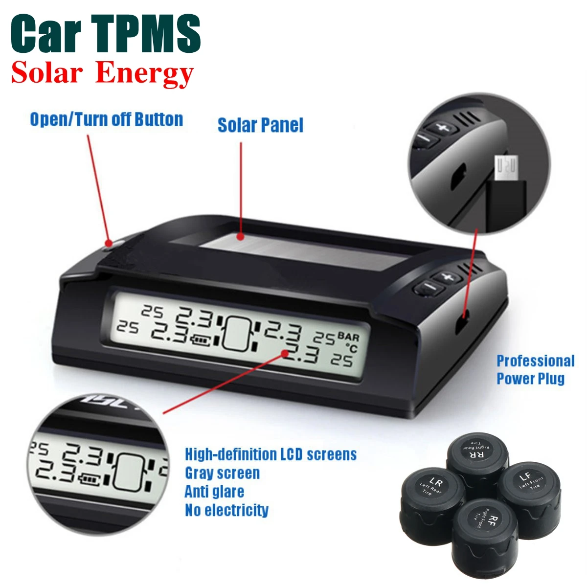 

Solar Wireless Car TPMS Tyre Tire Pressure Monitoring System + 4 x External Sensors Digital LCD Display Tire Pressure Alarm