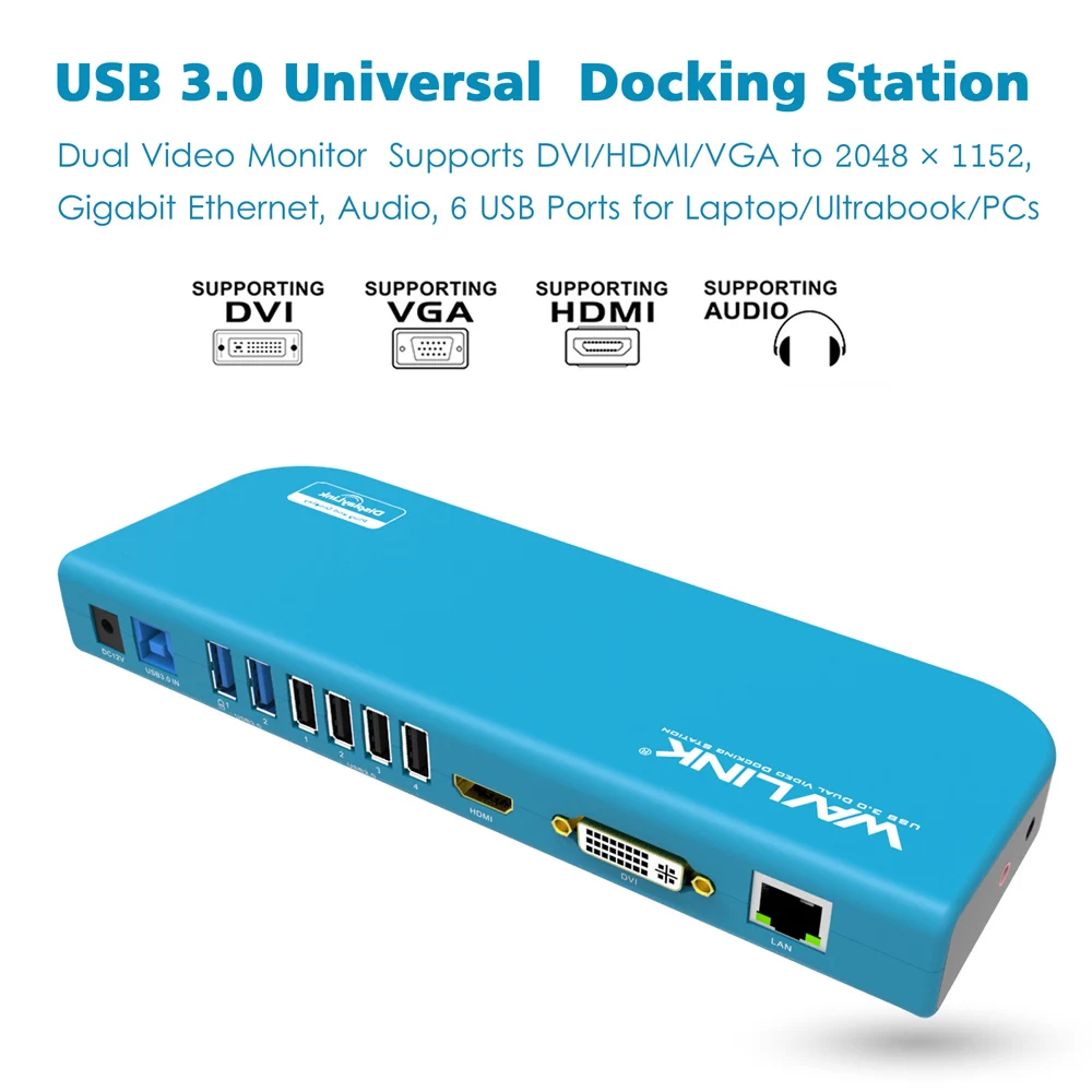 WAVLINK USB3.0 UNIVERSAL LAPTOP DOCKING STATION DUAL VIDEO MONITOR SUPPORT DVI/HDMI/VGA TO 2048X115