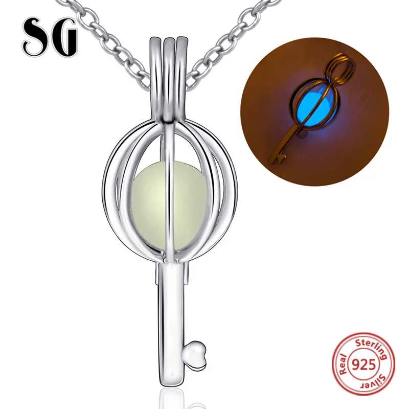 

SG 925 sterling silver beautiful key glowing charms pendant chain necklace diy European fashion jewelry making for women gifts