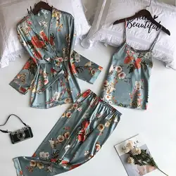 Для женщин шелковые пижамы комплект из 3 предметов женский сексуальный ремень Sleepdress Пояс кушак Nightrobe осень 2018 г. леди ультра тонкие брючные