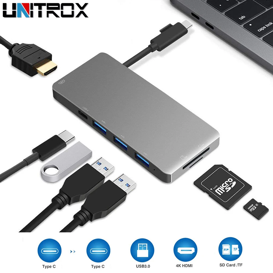 

7 in 1 USB-c Hub to Type-c Port 3*USB 3.0 Foldable Adapter For Lightning To 4K HDMI Multiport With High Speed SD/TF Card Reader