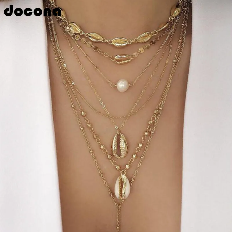 Docona Beach Boho Gold Color Shell Pearl Conch Beads Pendant Necklace For Women Punk Chain Multistorey Jewelry C19208