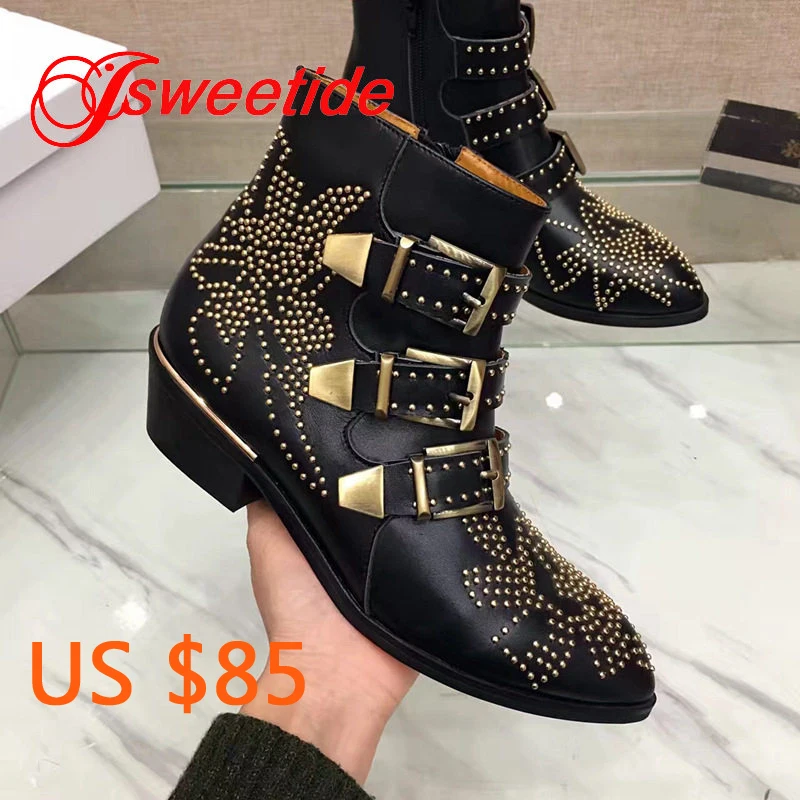 

Fashion women brand ankle boots chunky high heel rivet metal genuine leather women motorcycle Designer Gold velvet ankle boots