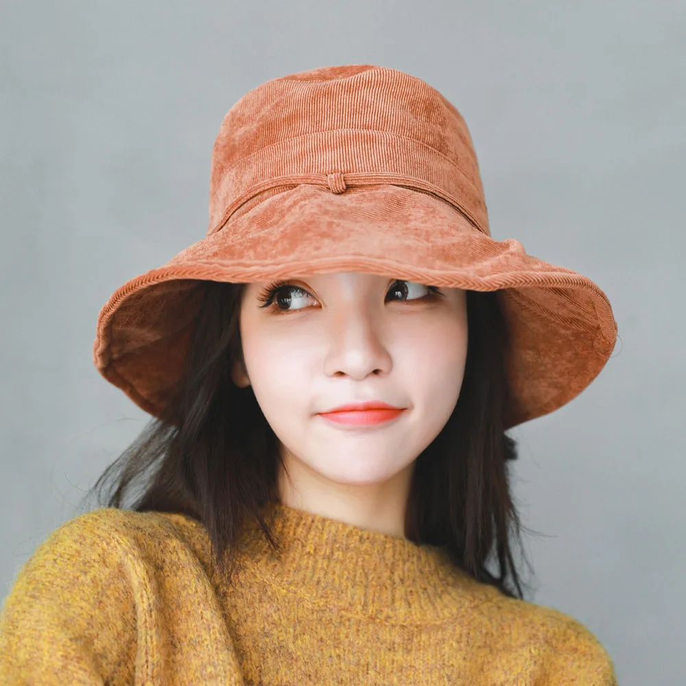 

Spring Fall Corduroy Bucket Hat Women Wide Brim Foldable Fisherman Panama Hat for Girls