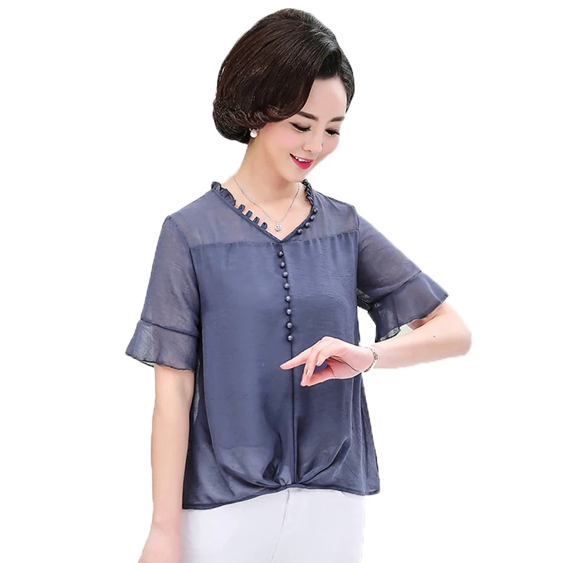 

Women Summer Blouses Pink Beige Blue Plain Color Tops Female Ruffle Short Sleeve Gauzy Chiffon Tunic Woman Romantic Blouse 2019