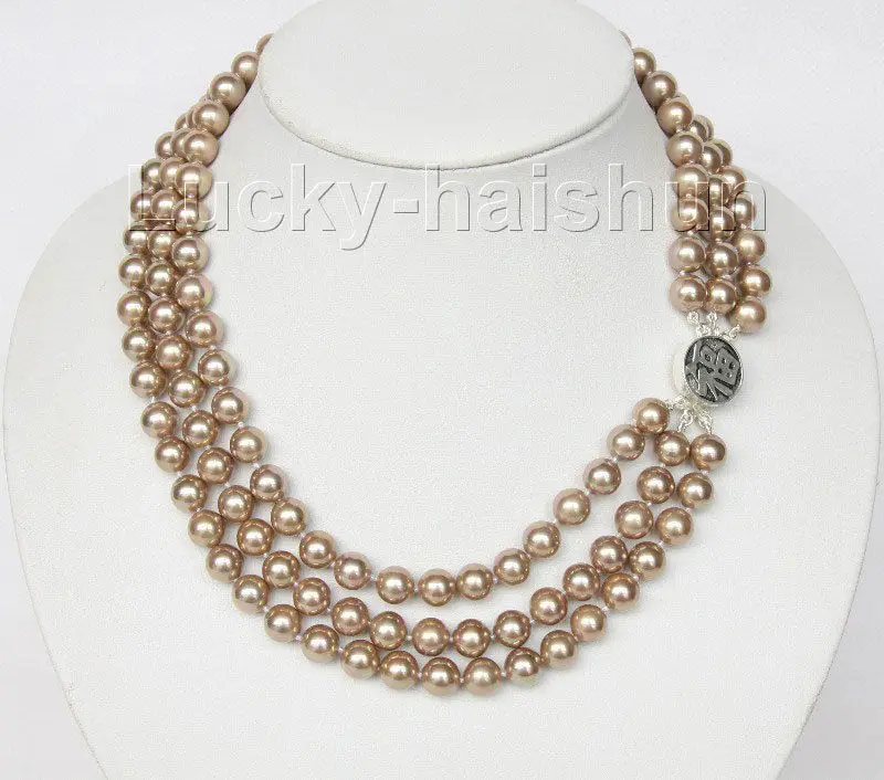 

ddh001467 16" 3row 8mm round light coffee sea shell pearls necklace 925 silver clasp