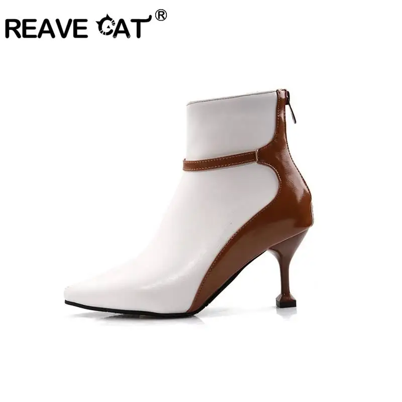 REAVE CAT Shoes women sexy Ankle boots high heels Pointed toe Zipper Footwear female party wedding shoes Botas feminino