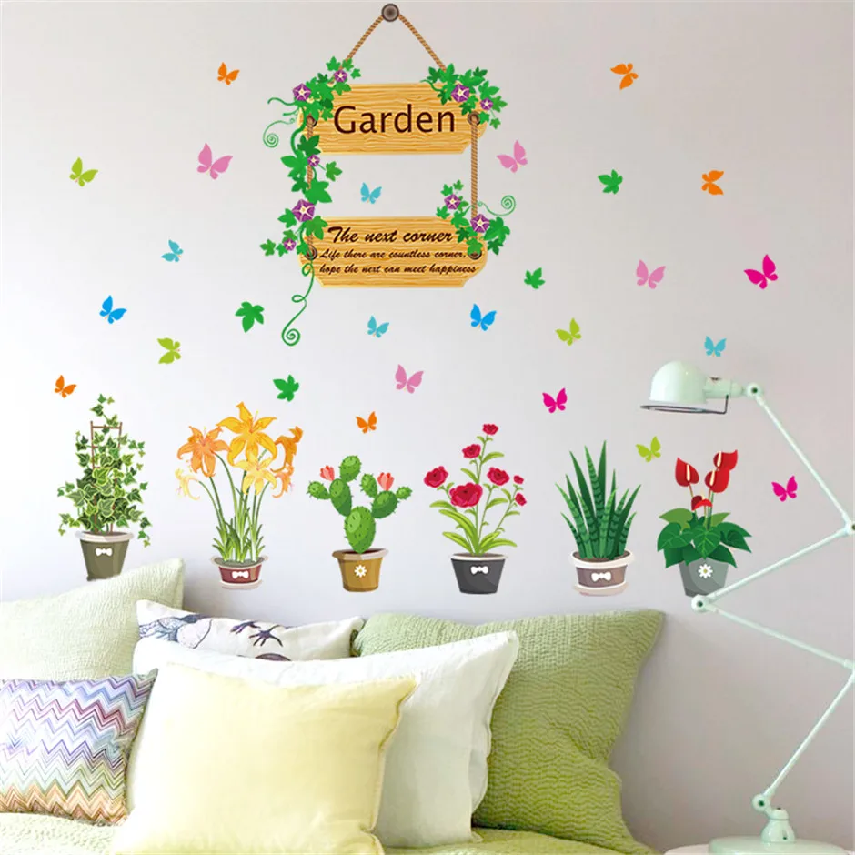 Removable Vinyl Garden Potted Flower Wall Stickers For Living Room
