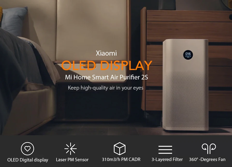 Original Xiaomi OLED Display Smart Air Purifier 2S Smartphone Mi Home APP Control Smoke Dust Peculiar Smell Cleaner (1)