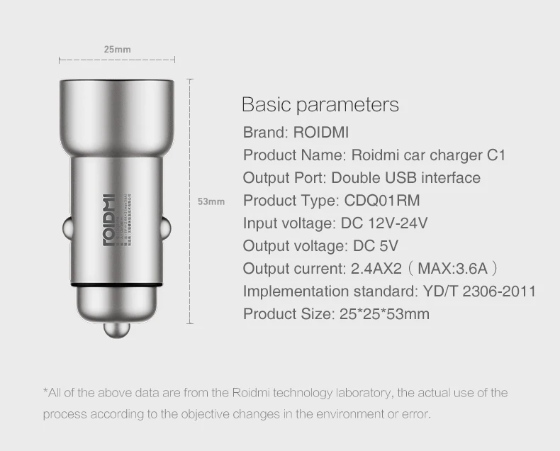 Оригинальное автомобильное зарядное устройство Xiaomi Roidmi C1, металлический двойной USB, 5 В, 3,6 А, быстрое зарядное устройство для iPhone 7, 6, 6 S, 5S, iOS и Android, samsung S8 Plus