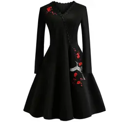 2018 вышивка цветок черное платье женское зимнее платье с v-образным вырезом с длинным рукавом элегантное Ретро зимнее платье офисное платье