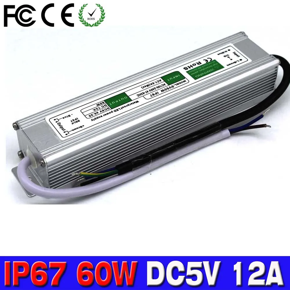 DC5V 12A 60 Вт IP67 Водонепроницаемый Электронный алюминиевый светодиодный