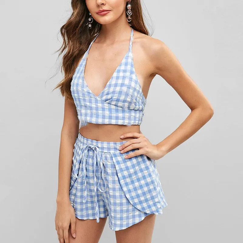 

Women Sexy Sweet Plaid Print Simple High Waist Halter Cross Strap Bandage Split Bikini Set Swimsuit