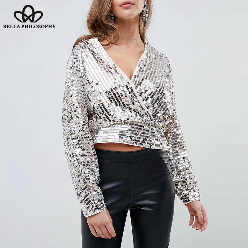Wonder Spring Deep V-Neck Sequined Blouse Shirts Vintage Sexy Female Long Sleeve Blouse Casual Elastic Lady Party Tops 2019