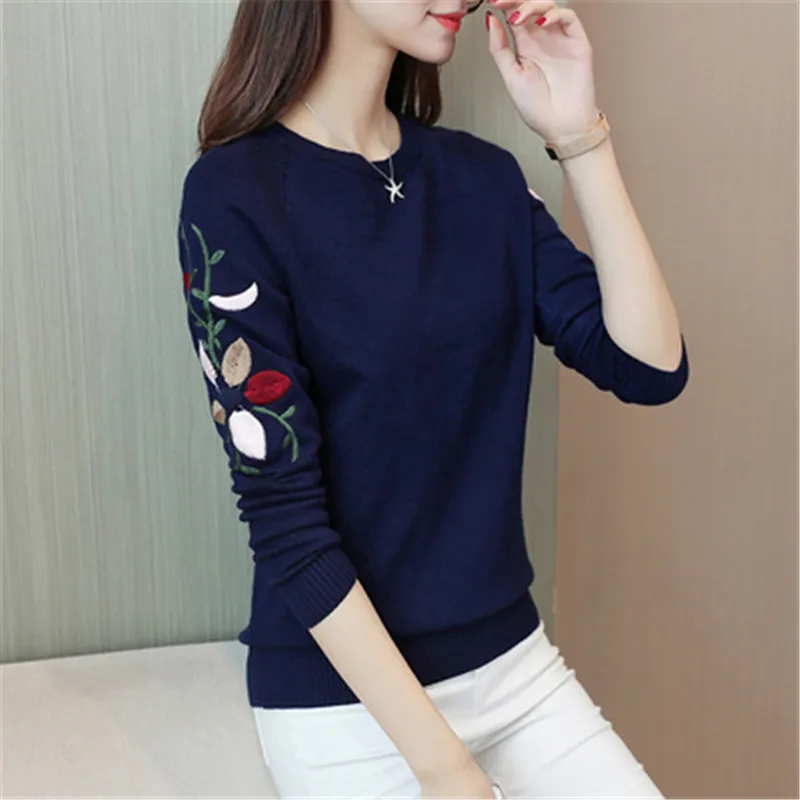 

New Fashion 2018 Women Autumn Spring Embroidery Flower Sweater Pullovers Casual Warm Female Knitted Sweaters Pullover Lady PZ072